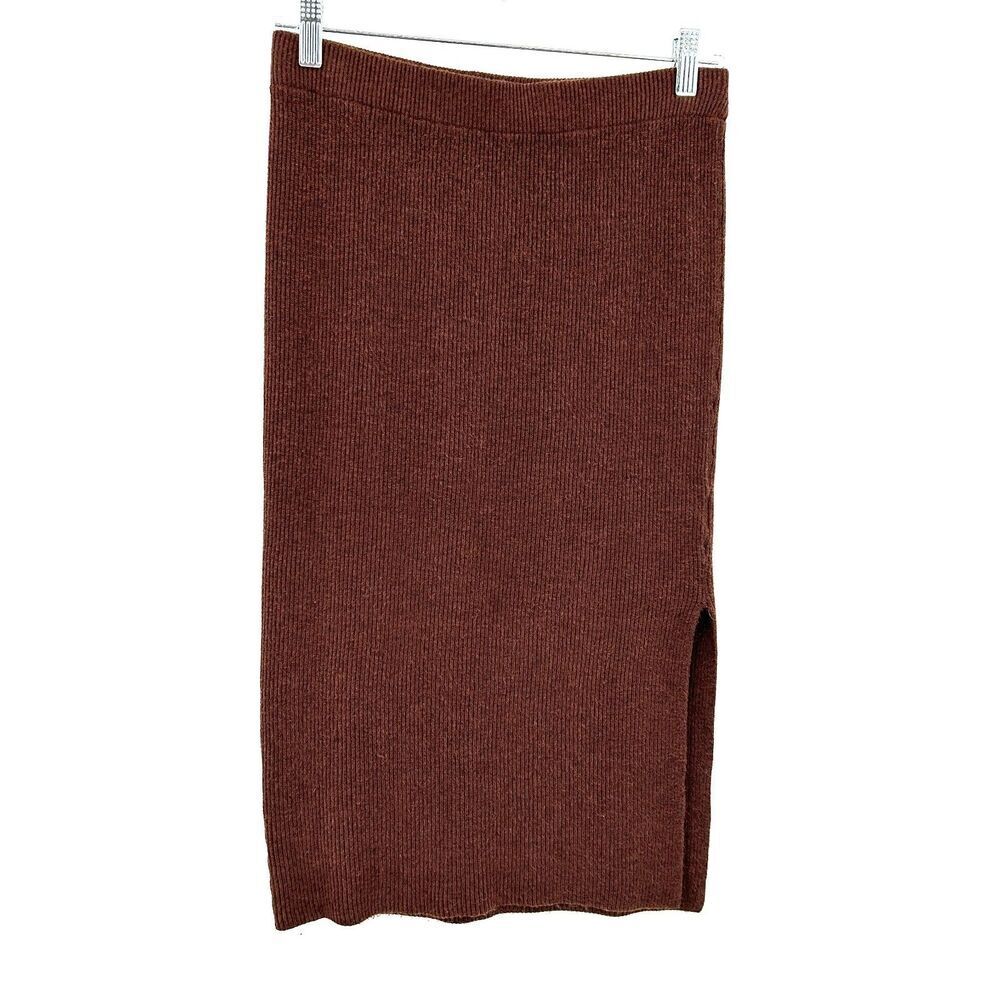 HOUSE OF HARLOW 1960 Brown Ribbed Pull On Side Slit Bodycon Midi Skirt Medium